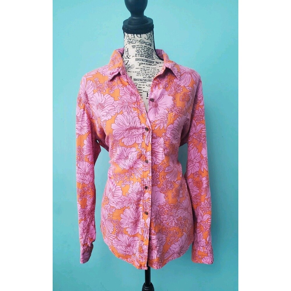 Universal Thread Linen Blend Long Sleeve Button Down Shirt S Pink Orange Floral